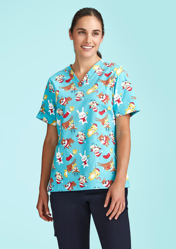 BIZ CARE Womens Christmas Short Sleeve V-neck Scrub (Cotton) CST446LS
